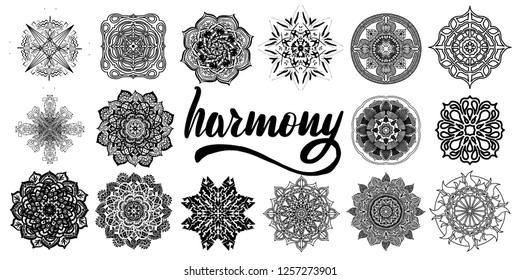 Collection of vector mandalas for coloring pages. Ethnic oriental patterns set. Inspirational lettering inscription harmony.