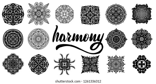 Collection of vector mandalas for coloring pages. Ethnic oriental patterns set. Inspirational lettering inscription harmony.