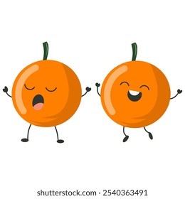 Sammlung von Vektor Mandarin Orange Zeichen. Lächeln, glücklich, mit verschiedenen Gesichtern und Emotionen. Vektorgrafik. Süße Mandarin Orangen im Kawaii Cartoon Style. Orange mit süßem süßem Gesicht