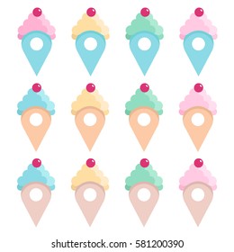 Collection of vector map pins illustrated as cream cupcakes and ice cream cone isolated on white background. Cream map pointers for bakeries and cafes.