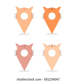 Collection of vector map pins illustrated as cute cat characters isolated on white background. Funny animal map pointers for kids and zoo.