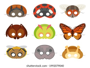 Colección de máscara vectorial de varios insectos. Papel animal enmascara mascarillas para los niños.