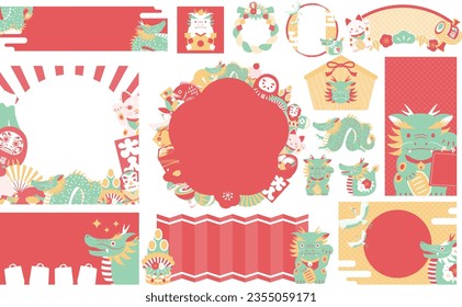 Collection vector material of simple stylish New Year's and New Year's greeting frame and illustration of dragon and lucky charms for the year 2024