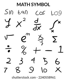 Colección de símbolos de matemáticas vectoriales en estilo dibujado a mano para fondo de pared, escuela, estudio, patrón, doodle, icono