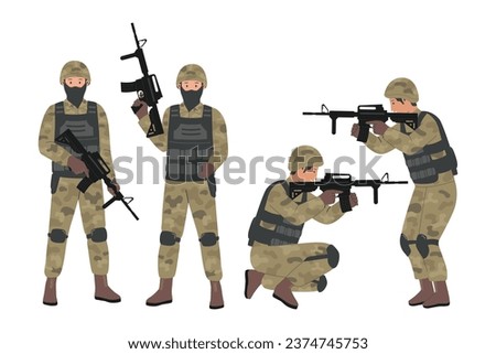 Collection vector of men in military uniform. Fully armed soldiers concept. Flat style collection set