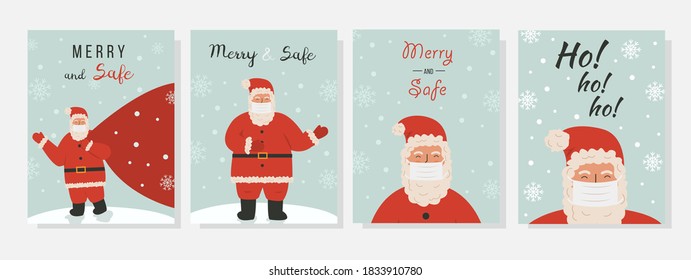 Collection of vector Merry Christmas and Happy New Year greeting card with cute Santa Claus wearing protective face mask. Set of postcard for New 2021 year eve after pandemia. Xmas celebration