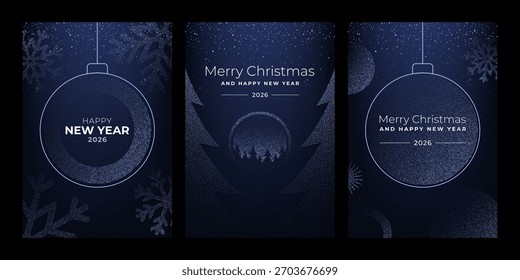 Collection of vector Merry Christmas and Happy New Year 2026 greeting card for winter holiday season celebration with glitter snow design.