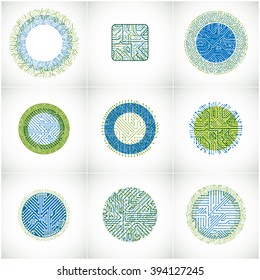 Collection of vector microchip designs, cpu. Information communication technology elements with multidirectional arrows, circuit boards in the shape of square and circle.