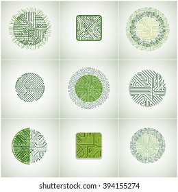 Collection of vector microchip designs, cpu. Information communication technology elements with multidirectional arrows, circuit boards in the shape of square and circle.