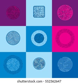 Collection of vector microchip designs, cpu. Information communication technology elements, circuit boards in the shape of square and circle.