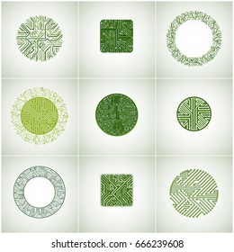 Collection of vector microchip designs, cpu. Information communication technology elements, circuit boards in the shape of square and circle.