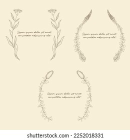 Collection of vector minimalist botanical circle frames for wedding invitations, bridal decor, logo. Set of line art subtle wreaths of wildflowers and herbs. Modern floral backdrop templates.