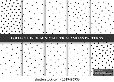 Collection of vector minimalistic seamless patterns. Simple black and white textures with geometric shapes. Repeatable trendy backgrounds.