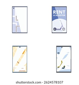 Collection of vector mobile app interface banners for urban navigation and scooter rental services