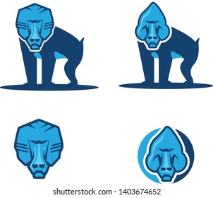 Collection of vector monkey baboon, close up face, logo icon with blue color