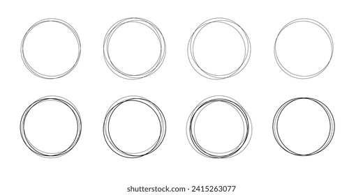 
Collection of vector monochrome isolated round frames with crossed lines in doodle style for designs