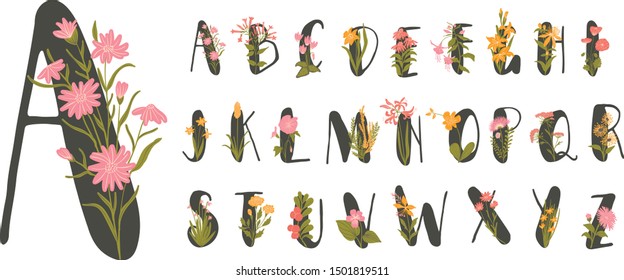 Collection of vector monograms with flowers. Uppercase alphabet.