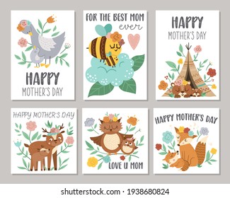 Collection of vector Mothers Day card with cute boho animals. Pre-made designs with woodland baby insects and birds with mothers. Bohemian style posters with fox, owl, bear, deer, goose, bee.

