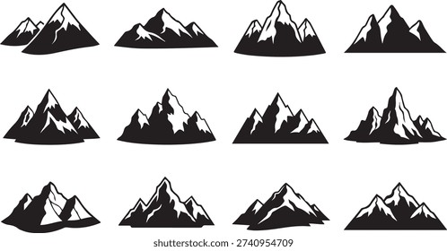 A collection of vector mountain range silhouettes in black and white, featuring snowy peaks and varied terrain