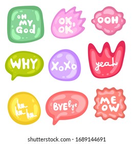 Collection of vector multicolored glossy stickers on white background. Teens millenials culture. Set of stickers on different shapes. Cool expression, slang, comics, gaming style, web, speech bubbles