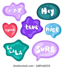 Collection of vector multicolored glossy stickers on white background. Teens millenials culture. Set of stickers on different shapes. Cool expression, slang, comics, gaming style, web, speech bubbles