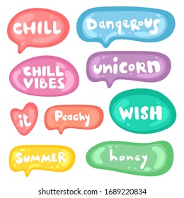 Collection of vector multicolored glossy stickers on white background. Teens millenials culture. Set of stickers on different shapes. Cool expression, slang, comics, gaming style, web, speech bubbles
