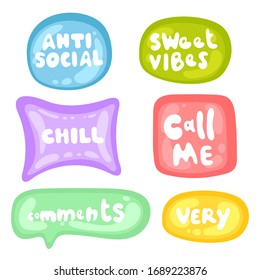 Colección de pegatinas glosas vectoriales multicolores sobre fondo blanco. Cultura de los adolescentes milenarios. Conjunto de etiquetas de diferentes formas. Expresión genial, jerga, comics, estilo de juego, web, burbujas de voz