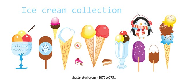Colección de helados vectoriales multicolores aislados en fondo blanco. helado publicitario para la tienda