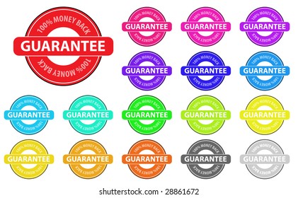 Collection of vector multicolored money back badges. Easy to edit, any size.