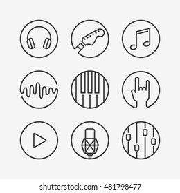 Collection of vector music or recording studio icons. Vector illustration of musical elements - guitar, horns, notes, mixer, piano, microphone, headphones, sound wave, equalizer