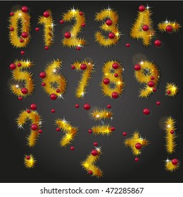 Collection of vector numbers and punctuation mark decorated with shining golden pine branches and red christmas balls