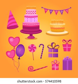 Collection of vector objects to celebrate a birthday. Set of elements: cake, balloons, candy, gifts and other. Happy Birthday banner template. Party icons. Templates for design.