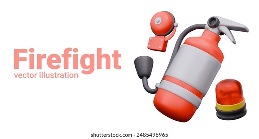 Collection of vector objects for fighting fire. 3D fire extinguisher closeup, fire bell, red signal