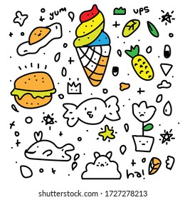 A collection of vector objects, food and plants into one in doodle. colorful and cute decorative arts