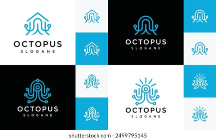 Collection of vector octopus logos, made with lines	