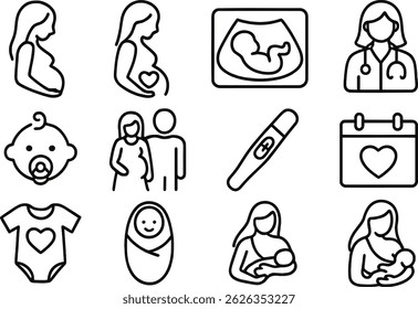Collection of vector outline icons depicting various aspects of senior care, including caregivers, medical professionals, and supportive activities to assist the elderly in their daily lives.