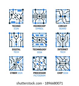 Collection of vector outline icons with electronic circuits. Minimal line techno icon set for software and hardware maintenance - microchip, processor pictogram, internet and cyber sign isolated