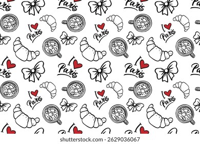 Collection of vector outline illustrations on the theme of Paris, made by hand. Croissant, coffee, festive flags, text "I love Paris".

