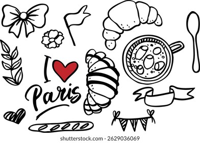 Collection of vector outline illustrations on the theme of Paris, made by hand. Croissant, coffee, festive flags, text "I love Paris".
