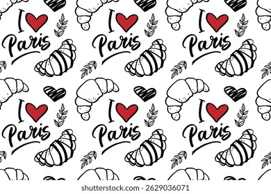 Collection of vector outline illustrations on the theme of Paris, made by hand. Croissant, coffee, festive flags, text "I love Paris".
