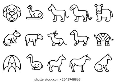 Collection of vector outlined animal icons depicting diverse fauna designs for educational or decorative purposes