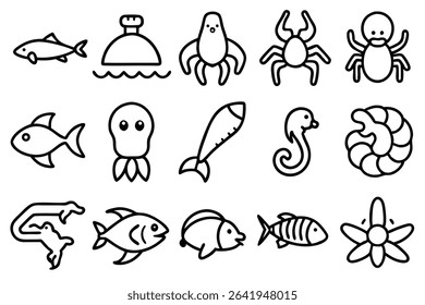 A collection of vector outlined aquatic creatures and marine elements for educational or design projects