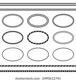 Collection of vector oval frames with geometric pattern, four seamless brushes. Set of black ellipses isolated on a white background. Template for printing on paper, textiles. Brushes included in file