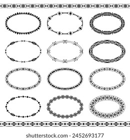 Kollektion von ovalen Vektorgrafik-Rahmen mit einfachem geometrischem Muster. Set von schwarzen Ellipsen isoliert auf einem weißen Hintergrund. Breite und schmale ovale Rahmen. Vorlage für soziale Netzwerke, Druck auf Papier