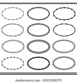 Kollektion von ovalen Vektorgrafiken-Rahmen mit einfachem geometrischem Muster und zwei nahtlosen Bürsten. Set von schwarzen Ellipsen isoliert auf einem weißen Hintergrund. Vorlage für soziale Netzwerke, Druck auf Papier, Textilien