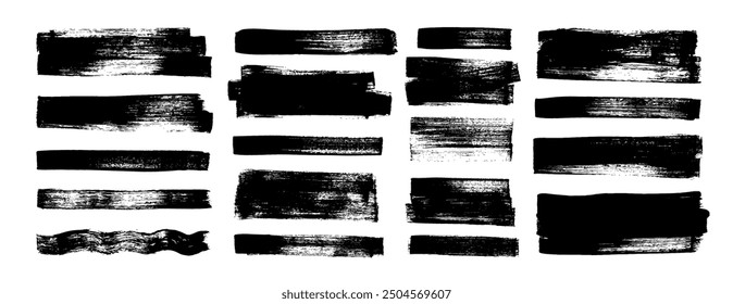 Colección de trazos de pincel en negrita de Vector, líneas gruesas de grunge dibujadas a mano y Formas rectangulares. Líneas Horizontales atrevidas y esquemáticas. Pinceladas de tinta negra y Anuncios. Subrayado del marcador Grunge