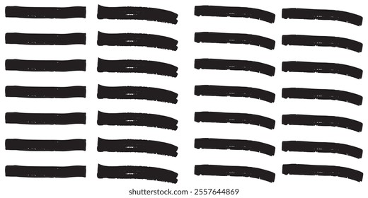 Collection of vector paint bold brush strokes, hand drawn thick grunge lines and rectangle shapes. Sketchy bold horizontal lines. Black ink brush strokes and banners. Grunge marker highlight underline