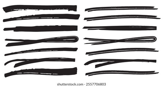 Collection of vector paint bold brush strokes, hand drawn thick grunge lines and rectangle shapes. Sketchy bold horizontal lines. Dirty texture banners. Painted rectangles and long strokes. 