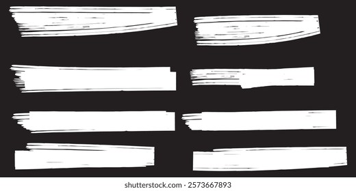 Collection of vector paint bold brush strokes, hand drawn thick grunge lines and rectangle shapes. Sketchy bold horizontal lines. Black ink brush strokes and banners. Grunge marker highlight underline