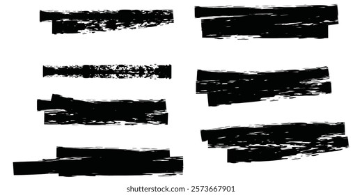 Collection of vector paint bold brush strokes, hand drawn thick grunge lines and rectangle shapes. Sketchy bold horizontal lines. Black ink brush strokes and banners. Grunge marker highlight underline
